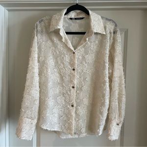 Zara Floral Sheer Blouse in Cream (Size M)